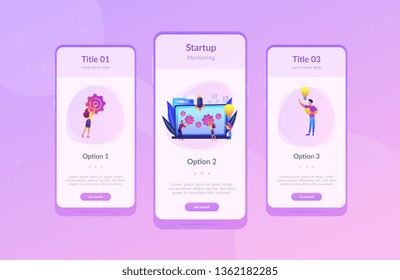 El equipo de inicio recibe orientación y capacitación para acelerar el crecimiento y el portátil. Aceleradora de inicio, aceleradora de semilla, concepto de mentorización de inicio. Plantilla de interfaz de usuario de usuario de Mobile UX GUI, wireframe de interfaz de aplicación