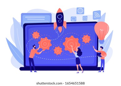 Startup team receive mentoring and training to accelerate growth and laptop. Startup accelerator, seed accelerator, startup mentoring concept. Pinkish coral bluevector isolated illustration