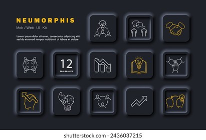 Startup in a team set icon. Startup, idea, growth, discussion, deal, conference, transfer of ideas, finding a solution, teamwork. Ambitious idea, project concept. Neomorphism style. Vector line icon