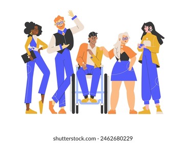 The startup team stands together. Nice girls and guys of different nationalities and builds. Group of colleagues. African girl, redhead man, guy in a wheelchair, chubby woman. Vector illustration.