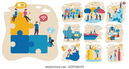 Startup team. Vector illustration set. Motivated employees, youth in working process. Concept of business, career development, partnership, innovative business approach, brainstorming. Poster