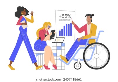 Equipo de emprendimiento trabajando juntos. Los colegas analizan el informe financiero, pronostican los beneficios y las ventas. Reunión, presentación en un inicio. Varios caracteres. Ilustración plana de Vector