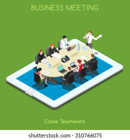 Startup Teamwork Brainstorming Tablet Virtual Executive Meeting Room. Interacting People Isometric Realistic Poses. 3D Flat Meeting Table Vector Icon Set. Remote Meeting Conference Room.