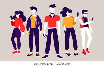 Startup teamwork communication in business. Vector creative illustration of business people with smart phone on color background. Flat style design of work people for web, site, poster, banner
