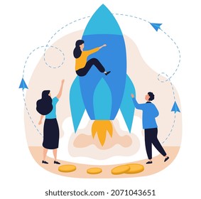 Startup and teamwork concept. Characters launch rocket, metaphor for innovation. Business, success, company, organization. Profit, earning money strategy, goals. Cartoon flat vector illustration