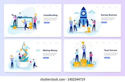 Startup and teamwork concept. Crowdfunding campaign, business profit and financial growth. Successful strategy. Vector illustration in cartoon style