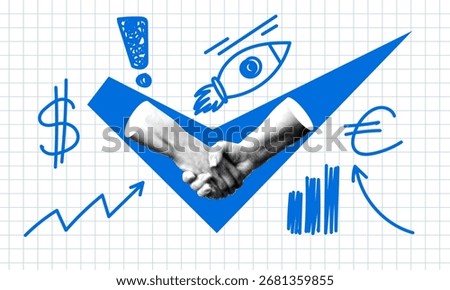 Startup, teamwork concept. Handshake of halftone hands against a check mark. Successful agreement. Deal concluded. New business. Modern collage. Rocket, sales chart, dollar and euro icons. Partnership