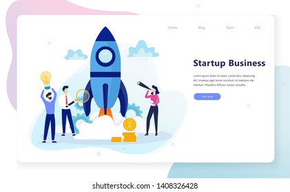 Startup and teamwork concept web banner. Business profit and financial growth. Successful strategy. Vector illustration in cartoon style
