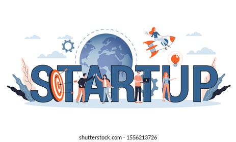 Startup and teamwork concept web banner. Business profit and financial growth. Successful strategy. Vector illustration in cartoon style