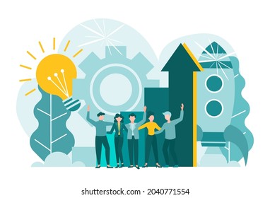 Startup, teamwork and growth in investment and income. Spaceship, rocket as a symbol of a successful startup and developing business projects. Concept vector illustration.