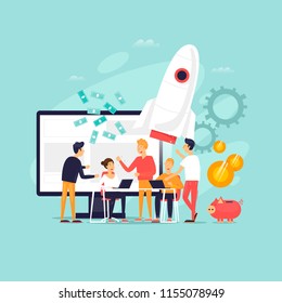 Startup, teamwork, internet business, people work together, brainstorming. Flat design vector illustration.