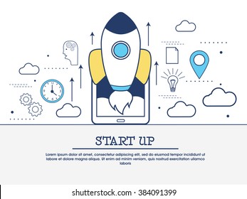 Startup, teamwork and management, company processes concepts  web banner, hero image, website slider. Line art vector illustration.