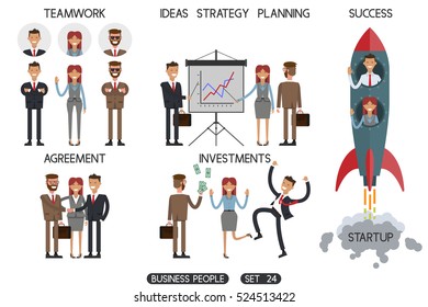 Startup  technology business concept web infographic vector illustration, Business people set 24. Businessman on a rocket