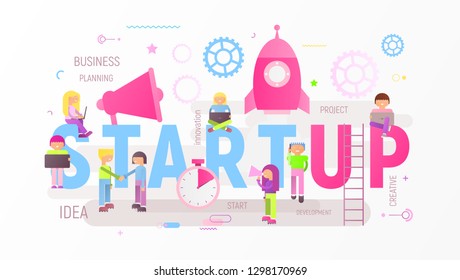 Startup Technology Concept with Spaceship. Young People are Launching Rocket near Big Letters. Cohesive Teamwork. Vector Illustration for Web Page, Website, Banner, Social Media and Landing Page.