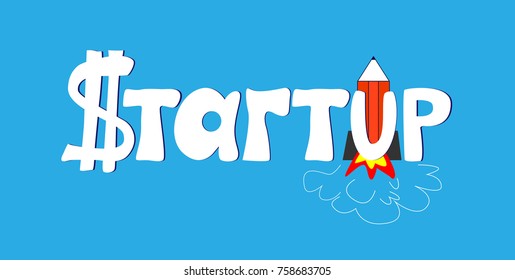 Startup technology concept. Thin line art style design for startup banner. Hand drawn cartoon vector illustration. Cartoon of business startup word lettering typography. Design for business
