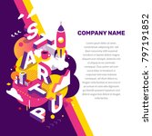 Startup technology concept. Vector creative abstract illustration of 3d startup word lettering typography with spaceship, decor element, text on color background. Isometric design for startup banner