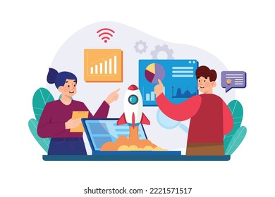 Concepto de Ilustración de tecnología de inicio sobre fondo blanco