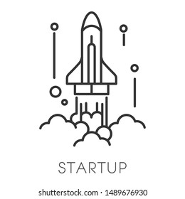 Startup Technology, Spaceship Start, Business Concept Isolated Outline Icon Vector. Cosmic Rocket Launch, Entrepreneurship And Marketing, Money Earning. Professional Success, Project Development