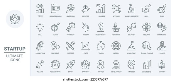 Startup technology thin line icons set vector illustration. Outline success ideas and finance project development, vision and solution for trading, statistics graph growth, banking security support