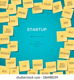 Startup Template with Business plan made of post it notes, vector illustration. 