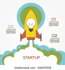  Startup template. Illustration of a rocket taking off, the bulb icon and text. File is saved in AI10 EPS. 