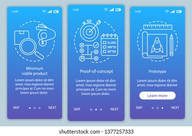 Startup testing onboarding mobile app page screen vector template. Product test. MVP, POC, prototype. Walkthrough website steps with linear illustrations. UX, UI, GUI smartphone interface concept