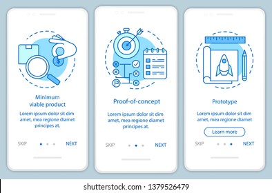 Startup testing onboarding mobile app page screen with linear concepts. Product test. MVP, POC, prototype walkthrough steps graphic instructions. UX, UI, GUI vector template with illustrations