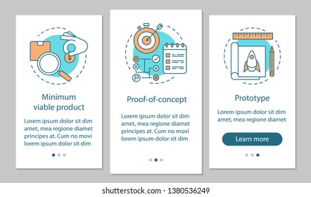 Startup testing onboarding mobile app page screen with linear concepts. Product test. MVP, POC, prototype walkthrough steps graphic instructions. UX, UI, GUI vector template with illustrations