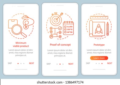 Startup testing onboarding mobile app page screen with linear concepts. Product test. MVP, POC, prototype walkthrough steps graphic instructions. UX, UI, GUI vector template with illustrations