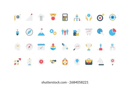 Startup themed flat icons set featuring business growth, teamwork, finance, planning, innovation, leadership, and achievement concepts isolated vector illustration