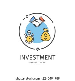 Inicio Icono de línea delgada Concepto de inversión de inclusión de protocolo de enlace y signo de ganancia. Ilustración vectorial de Start Up
