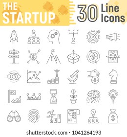 Startup thin line icon set, development symbols collection, vector sketches, logo illustrations, business finance signs linear pictograms package isolated on white background, eps 10.
