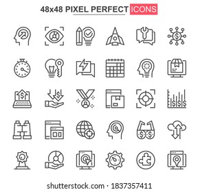 Startup thin line icons set. Business idea generation and development. Startup project, company founding unique design icons. outline vector bundle. 48x48 pixel perfect linear pictogram pack.