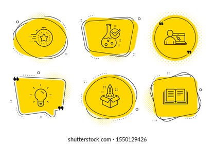 Startup, Timer and Education signs. Chat bubbles. Online education, Light bulb and Chemistry lab line icons set. Internet lectures, Lamp energy, Laboratory flask. Innovation. Education set. Vector