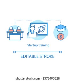 Startup training concept icon. Business school. Entrepreneurs consulting. Higher education. Lecture for young financiers idea thin line illustration. Vector isolated outline drawing. Editable stroke