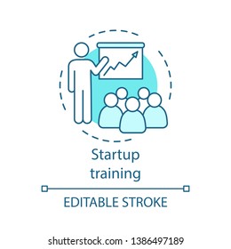 Startup training concept icon. Economic seminar. Speaker and audience. Marketing plan discussion. Business conference idea thin line illustration. Vector isolated outline drawing. Editable stroke
