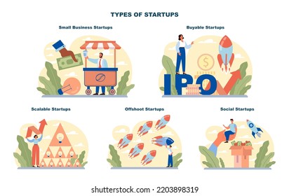 Startup types set. New business, project development and establishment to create unique product or service. Small business, buyable, scalable, offshoot and social startups. Flat vector illustration