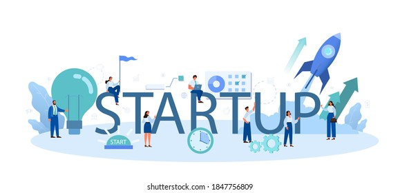 Startup typographic header. New business launching. Idea of project planning, promotion, management and marketing. Business development. Flat vector illustration