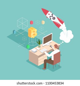 Startup vector 3d flat isometric business concept illustration. Man creates a new project at his workplace with a computer, a rocket and a cryptocurrency.