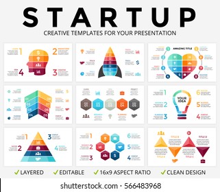 Startup vector arrows infographics, cycle diagram, graph, presentation chart. Business start infographic 4, 5, 6, 7, 8 option, part, step, process. Heart, light bulb, human head, pyramid timeline.