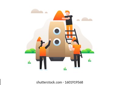 Startup vector. Building rocket illustration. Business banner element. 3 Engineering team is building a space rocket.