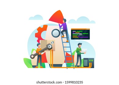 Startup vector. Business background element. The startup team is building a large rocket.