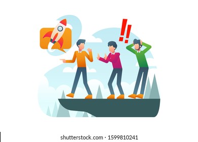 Startup vector. Business background element. 3 young men standing on the edge of a cliff while talking about a startup that will fail