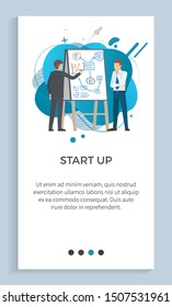 Startup vector, businessmen with ideas and solution man with partner showing info on board infocharts and planning of steps, people wearing suits. Website or app slider, landing page flat style