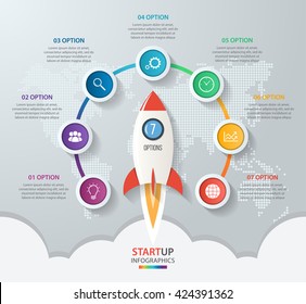 Startup vector circle infographics with rocket launch and styled world map. 7 options, parts, steps, processes business concept for graphs, charts, diagrams.