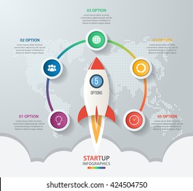 Startup vector circle infographics with rocket launch and styled world map. 5 options, parts, steps, processes business concept for graphs, charts, diagrams.