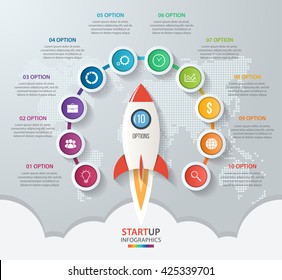 Startup vector circle infographics with rocket launch and styled world map. 10 options, parts, steps, processes business concept for graphs, charts, diagrams.