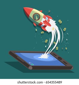 Startup vector concept design. Rocket ship flies from a smartphone or tablet. Vector cartoon illustration of a successful launch business. Icon for entrepreneurship.