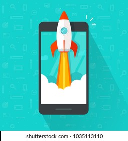 Startup vector concept, flat cartoon rocket or rocketship launch, mobile phone or smartphone, idea of successful business project start up, boost technology, innovation strategy release clipart