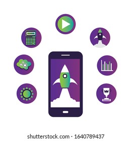 Startup vector concept, flat cartoon rocket or rocketship launch, mobile phone or smartphone, idea of successful business project start up